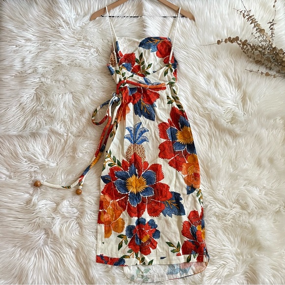 FARM RIO Dress NWT Pineapple Flowers Floral Tropical Boho Linen Blend Midi XS - Picture 12 of 16